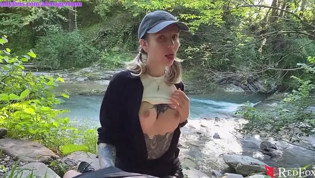 Saw his boner in the woods, dropped my pants and helped him cum