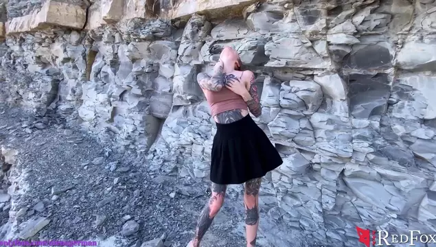 Tattooed Whore Plays with Her Pussy by the Rocks - Hope Nobody Sees